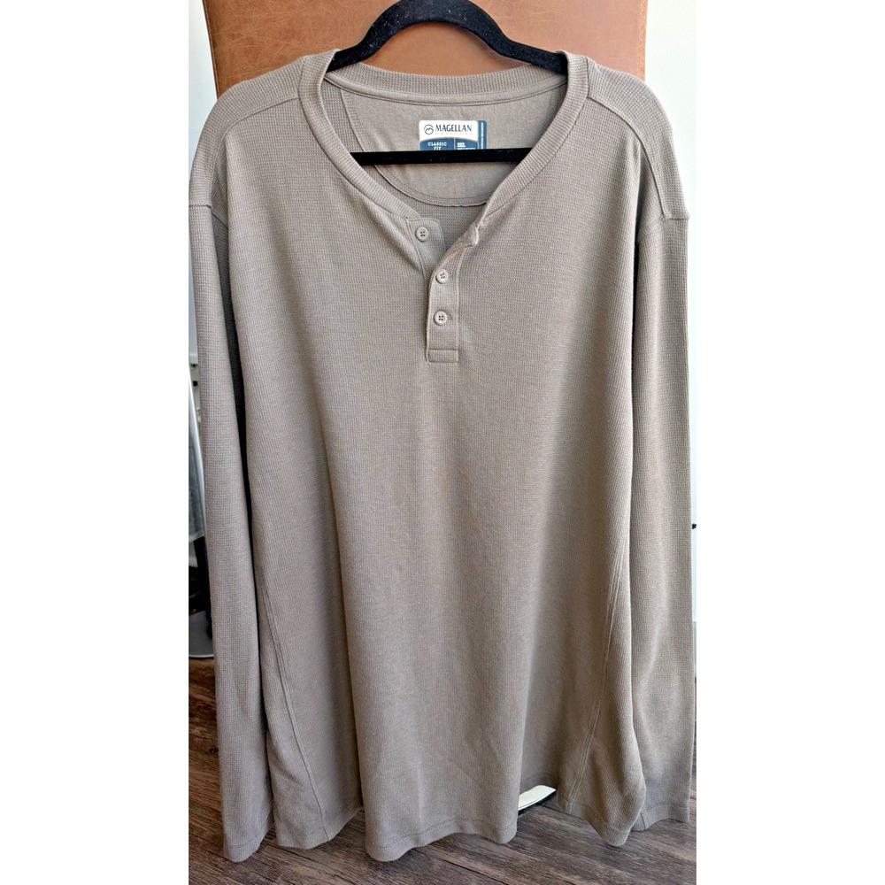 Magellan Outdoors Base Camp Henley Mens 2XL Sand Moisture Wicking Hiking Fishing